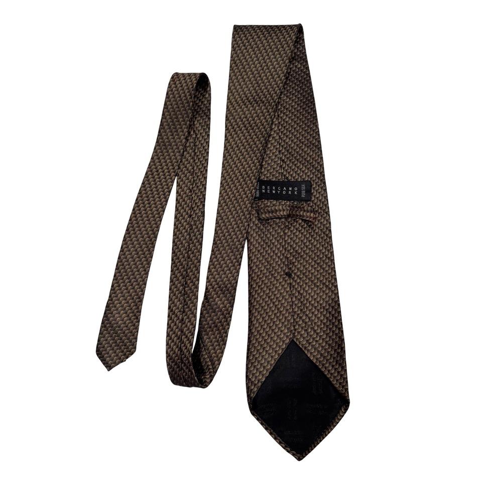 Bergamo New York Mens Silk Tie Brown Tan Textured Geometric Hand Made Necktie